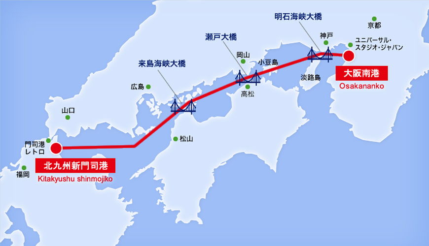 日本自由行大阪⇌九州交通推薦!「名門大洋渡輪」航行地圖